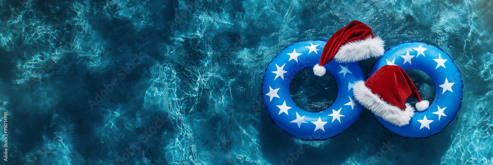 Festive Blue White star print Pool inflatable blow up ring Float Xmas Santa Hat Clear Blue Water Summer Christmas Concept Patriotic Holiday Vacation Copy Space banner Festive Blue White star print Pool inflatable blow up ring Float Xmas Santa Hat Clear Blue Water Summer Christmas Concept Patriotic Holiday Vacation Copy Space banner