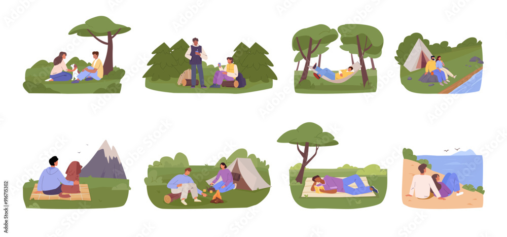 Naklejka premium outdoor rest. summer nature leisure relaxed persons in forest, people relaxing lying in hammocks, camping hiking activities. vector cartoon concept graphics.