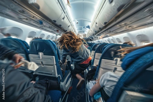 Passenger looks fearful while experiencing turbulence airplane cabin. Flight attendants reassure passengers severe airplane turbulence. Finding strength and calm amid life's chaotic 