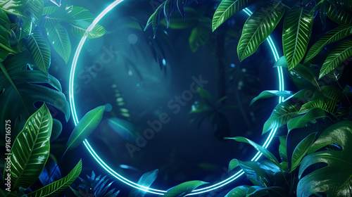 A bright green neon circle stands out against a backdrop of dark tropical leaves.