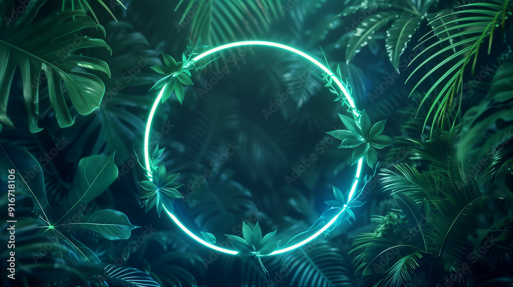 A bright green neon circle stands out against a backdrop of dark tropical leaves. A bright green neon circle stands out against a backdrop of dark tropical leaves.