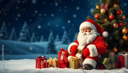 Christmas background with santa christmas tree gifts and chrismats celebrations photo