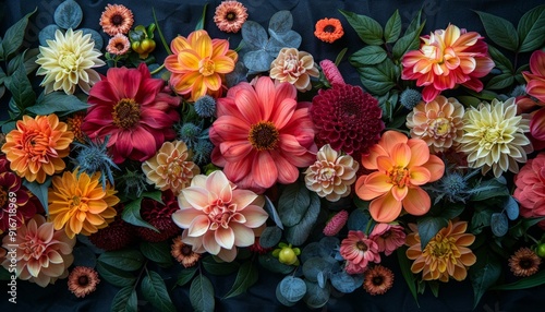 3D floral arrangement with varying colors and a central copy space on a black background 