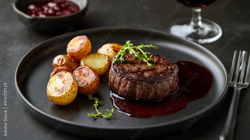 Gourmet Filet Mignon Steak with Roasted Potatoes and Red Wine Reduction Gourmet Filet Mignon Steak with Roasted Potatoes and Red Wine Reduction