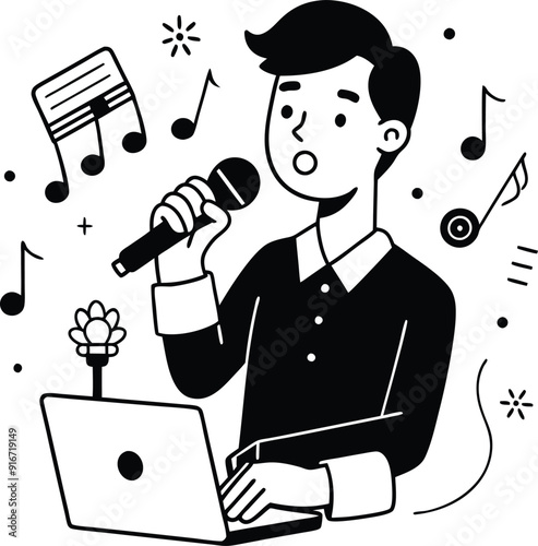 A Man Singing holding a microphone in hand , there are some musical elements around vector illustration on white background