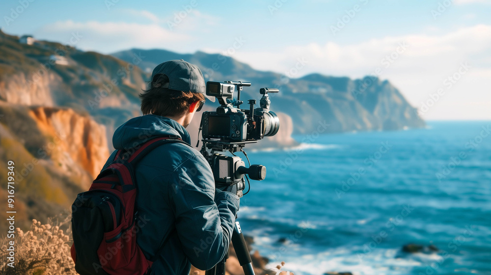 Fototapeta premium A professional videographer operating a high-end cinema camera mounted on a gimbal,