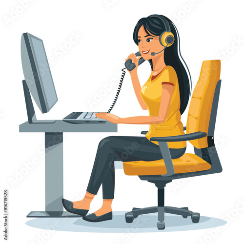 Female customer service representative with headset at desk, working on computer.
