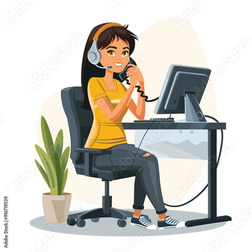 Female customer service representative with headset at desk, working on computer.
