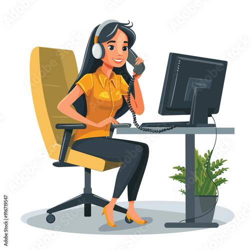 Female customer service representative with headset at desk, working on computer.
