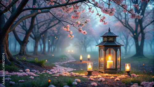 Peaceful serene ambiance with candlelit lantern, gentle mist, and blooming cherry blossoms in a serene forest, evoking feelings of tranquility and mindfulness. photo