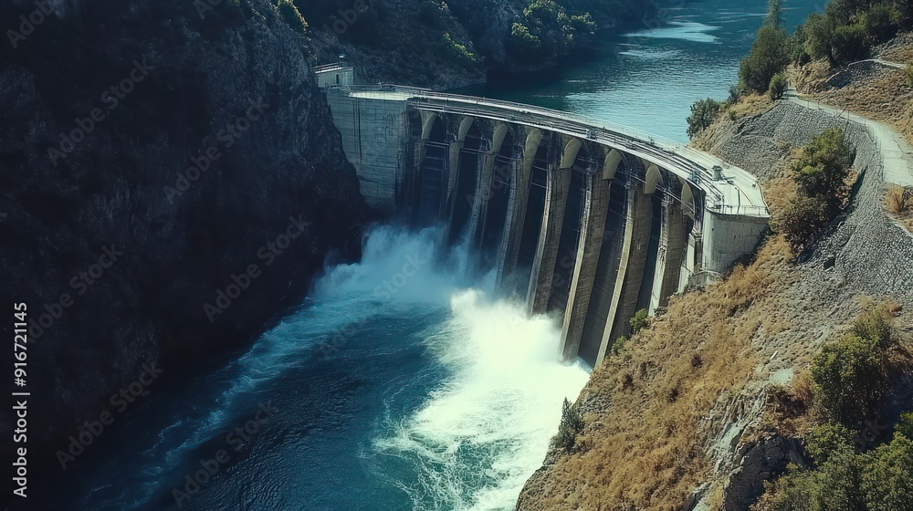 Dam and Waterfall in Mountainous Landscape Dam and Waterfall in Mountainous Landscape