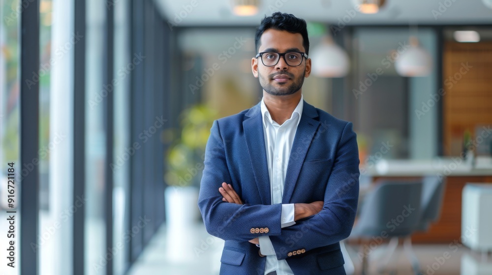 Fototapeta premium Confident Indian businessman looking at camera standing in modern office. Handsome classy corporation owner. Business portrait