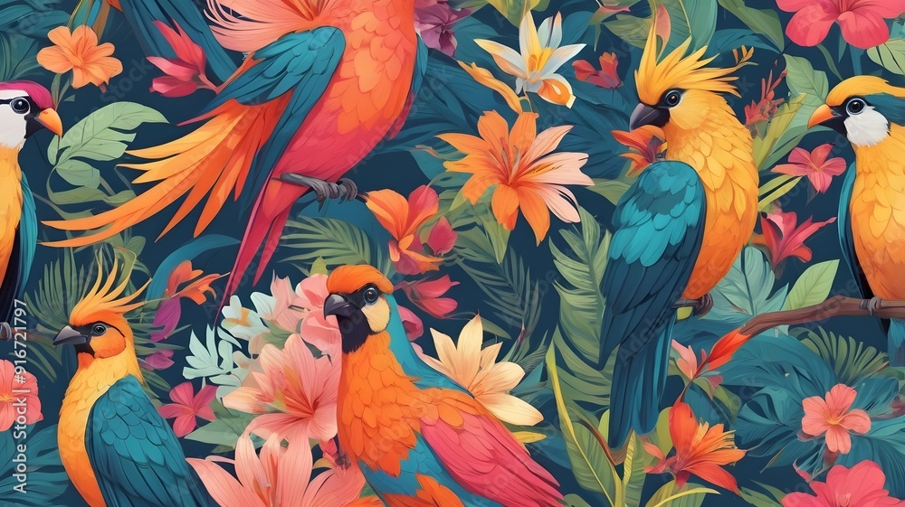 Graphic design with motifs of summer exotic birds in bright colors
Graphic design with motifs of summer exotic birds in bright colors