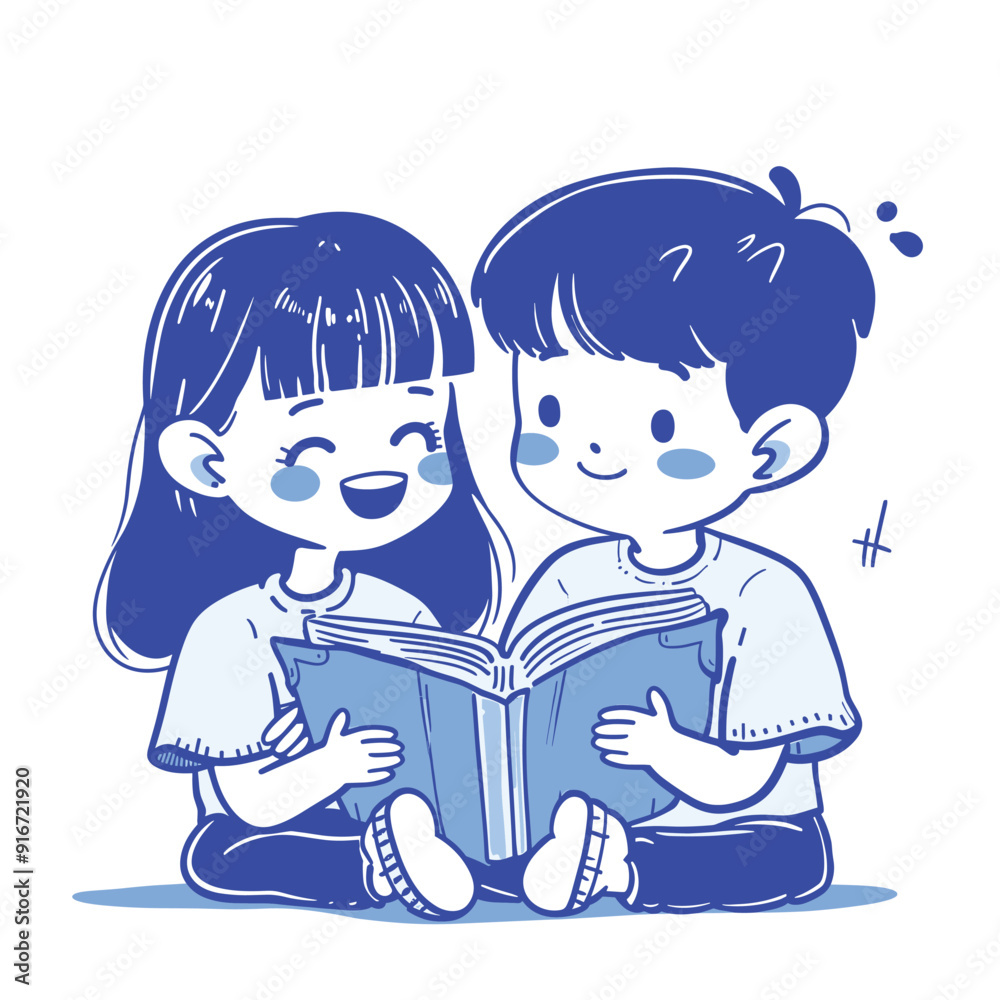 Two children enjoying a storybook, simple blue and white illustration.
