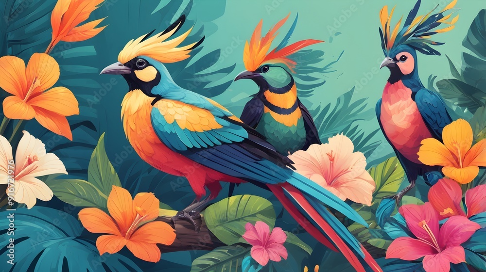 Fototapeta Graphic design with motifs of summer exotic birds in bright colors

