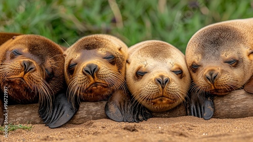 Sea Lions Lounging On A Sunny Beach, Close-Up photo