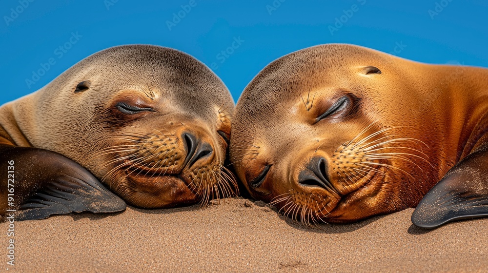 Obraz premium Sea Lions Resting On A Sandy Beach, Interacting