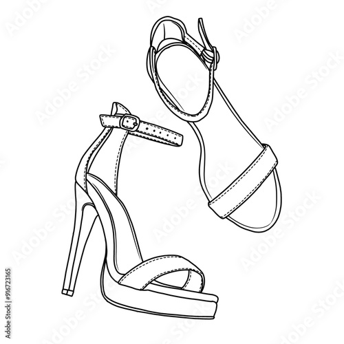 Women's Platform Stiletto Heels Open Toe Ankle Strappy High Heels Sandals Shoes line art, Technical sketch hand drawing outline vector doodle illustration, various view isolated on white background