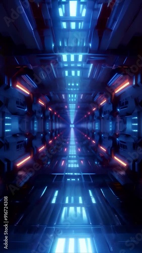 video of futuristic sci-fi corridor with neon blue and red lights, creating high-tech and immersive environment with sense of depth and perspective, technology, space, science fiction