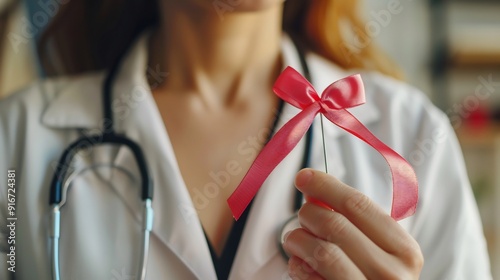 Doctor Holds Pink Ribbon, International Breast Cancer Day.