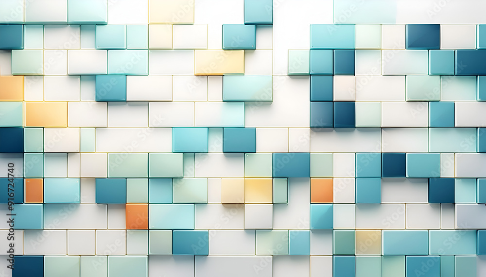 Colorful geometric wall tiles display in various shades of blue and orange arranged in a modern pattern Colorful geometric wall tiles display in various shades of blue and orange arranged in a modern pattern