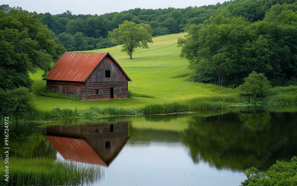 Barn reflected in a calm pond surrounded by lush greenery, barn landscape, tranquil reflection Barn reflected in a calm pond surrounded by lush greenery, barn landscape, tranquil reflection