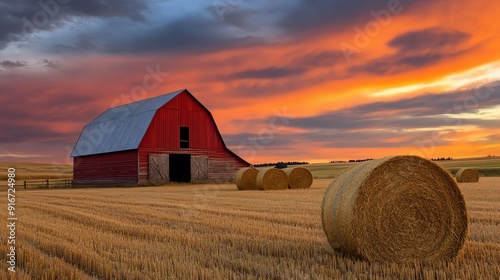 Barn surrounded by golden hay bales under a vibrant sunset sky, barn landscape, harvest scene