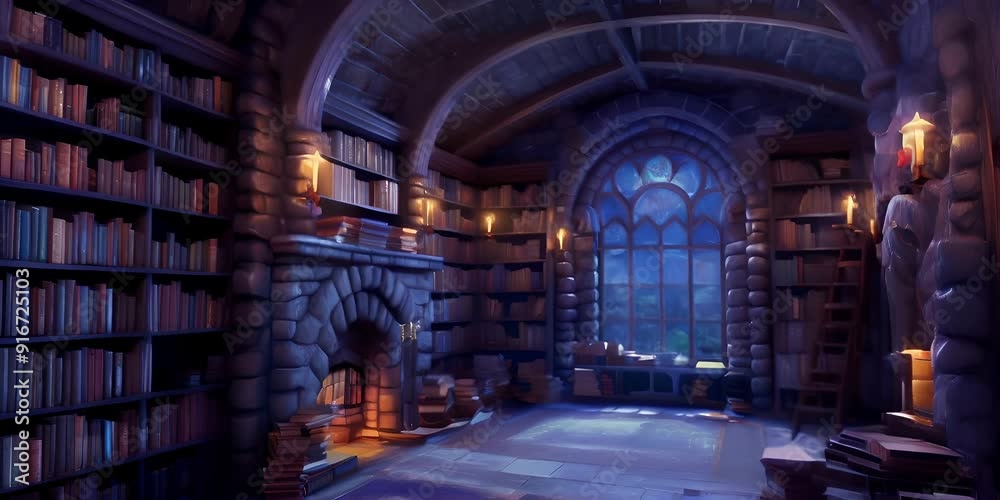 video of cozy, medieval-style library with stone walls, wooden shelves ...