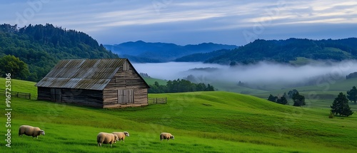 Old barn on a foggy morning with rolling hills and grazing sheep, barn landscape, serene mist