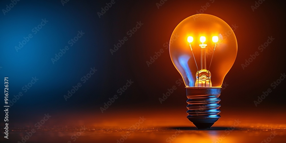Lit light bulb on a dark surface with a contrasting warm and cool background Lit light bulb on a dark surface with a contrasting warm and cool background