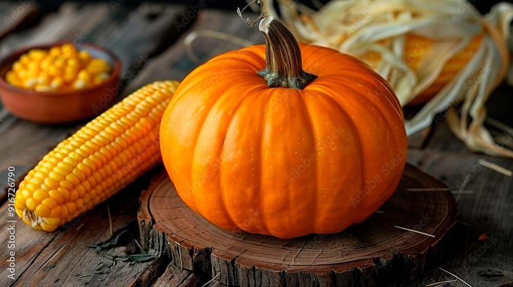 Vibrant orange pumpkin and fresh corn on wooden surface surrounded by autumn decor Vibrant orange pumpkin and fresh corn on wooden surface surrounded by autumn decor