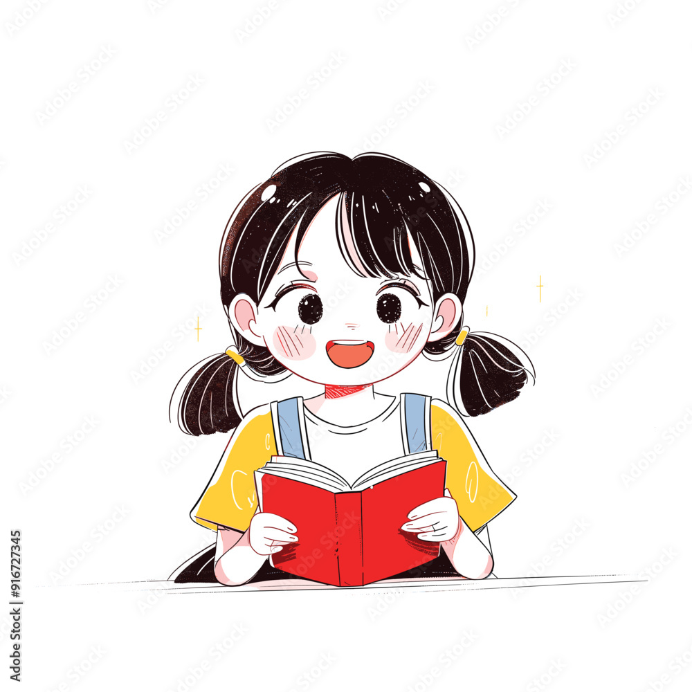 Happy girl reading a book, minimalist cartoon style.
