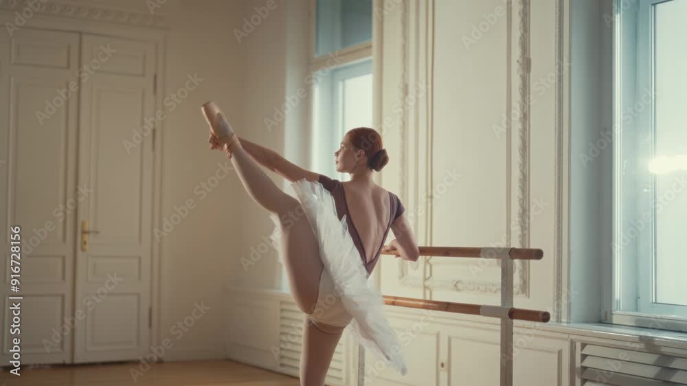Beauty and grace of young ballerina practicing in ballet hall, back view. Slender pretty woman in tutu doing exercises at barre, professional ballet dancer woman, amazing beautiful body of ballerina Beauty and grace of young ballerina practicing in ballet hall, back view. Slender pretty woman in tutu doing exercises at barre, professional ballet dancer woman, amazing beautiful body of ballerina