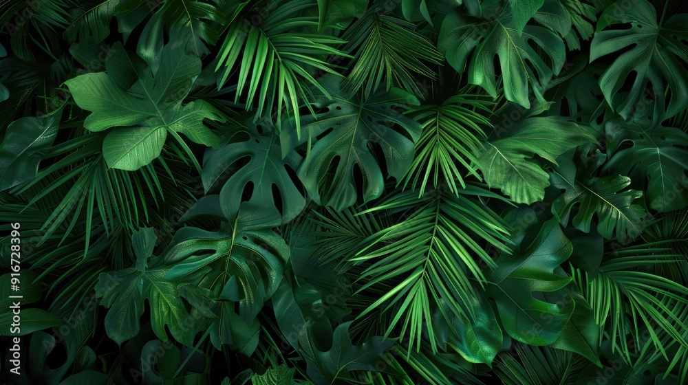 Abstract green texture with tropical foliage, natural background