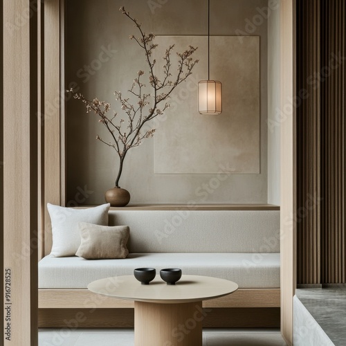 A living room with a couch, a coffee table, and a vase with a tree branch in it. The room has a minimalist and modern design, with a focus on natural elements