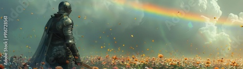 Knight in ethereal armor, standing in a field of flowers under a rainbow, a serene look photo