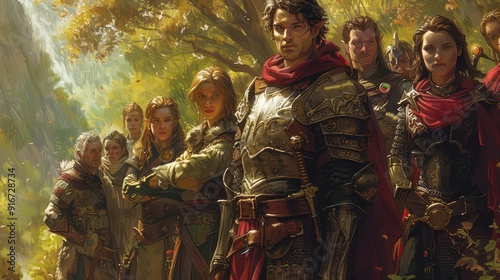 Knight standing with a group of adventurers, ready to embark on a quest photo