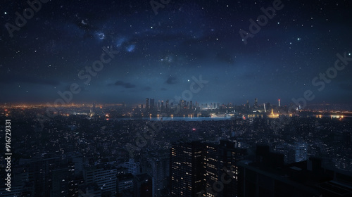 A breathtaking view of a city skyline under a starry night sky, showcasing tall buildings, distant landmarks, and twinkling stars illuminating the serene night.