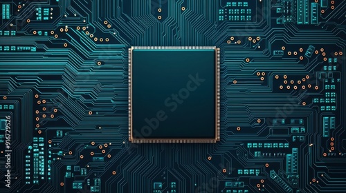 Close-up of a modern microchip on an intricate circuit board, highlighting technology and innovation in electronics.