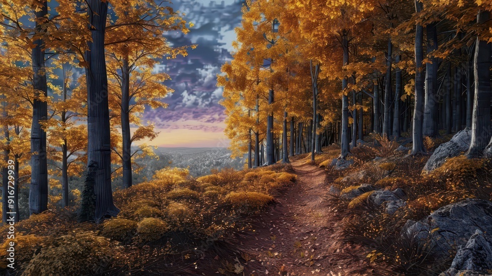 Obraz premium Forest trail with golden leaves and a twilight sky background, photorealistic, tranquil