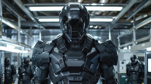 Sleek, black battle armor with a visor, in a hightech military facility