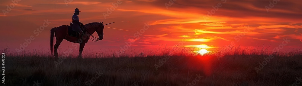 Fototapeta premium Warhorse and knight at sunset, silhouetted against a burning horizon