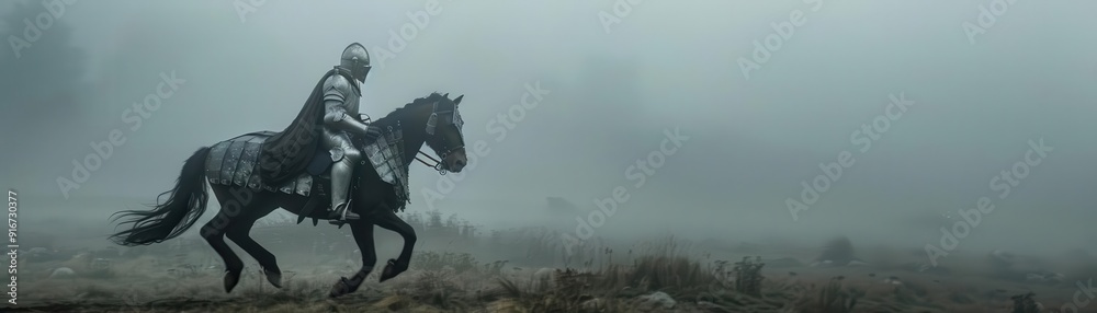 Naklejka premium Warhorse in full plate armor, galloping across a foggy battlefield