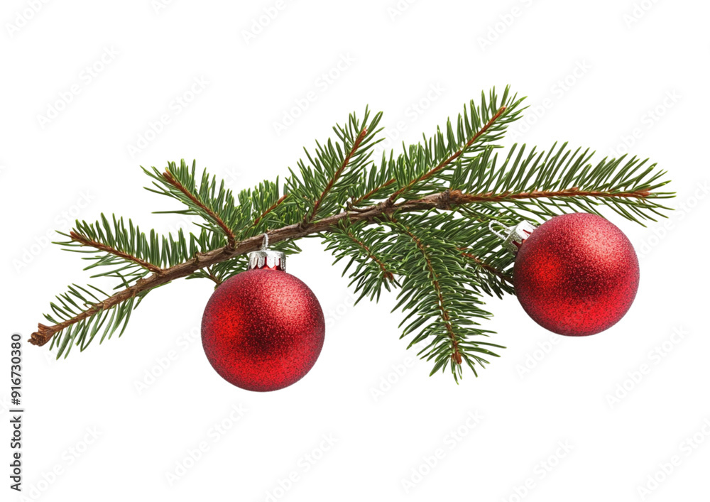 Obraz premium Fir tree branch with two red Christmas balls isolated on white background