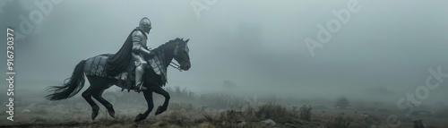 Warhorse in full plate armor, galloping across a foggy battlefield