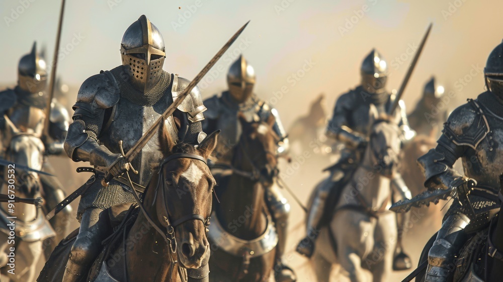 Armored knights on horseback are charging forward. They are carrying swords and lances, and their armor is gleaming in the sun. The knights are riding in formation, and their horses are galloping Armored knights on horseback are charging forward. They are carrying swords and lances, and their armor is gleaming in the sun. The knights are riding in formation, and their horses are galloping