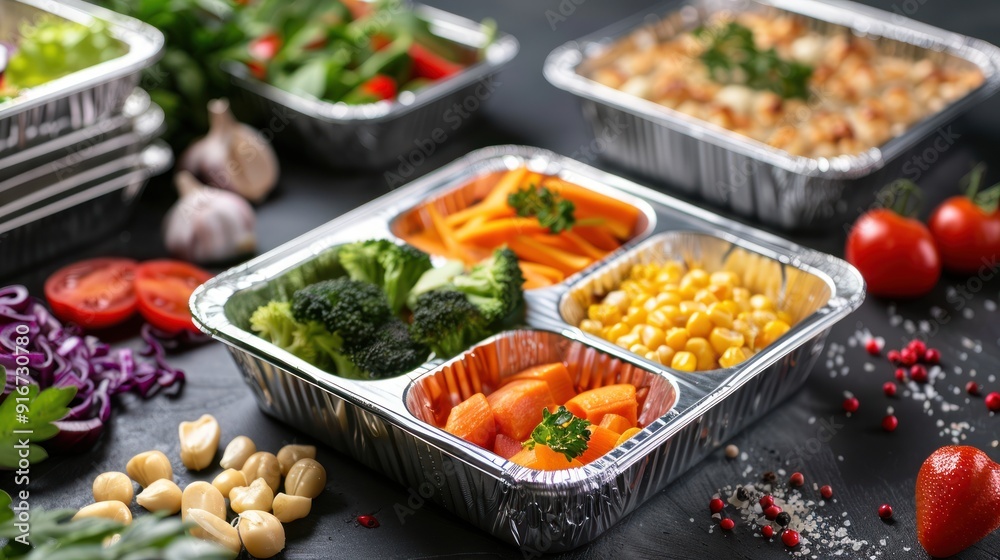 Collection of take away foil boxes with healthy food Collection of take away foil boxes with healthy food