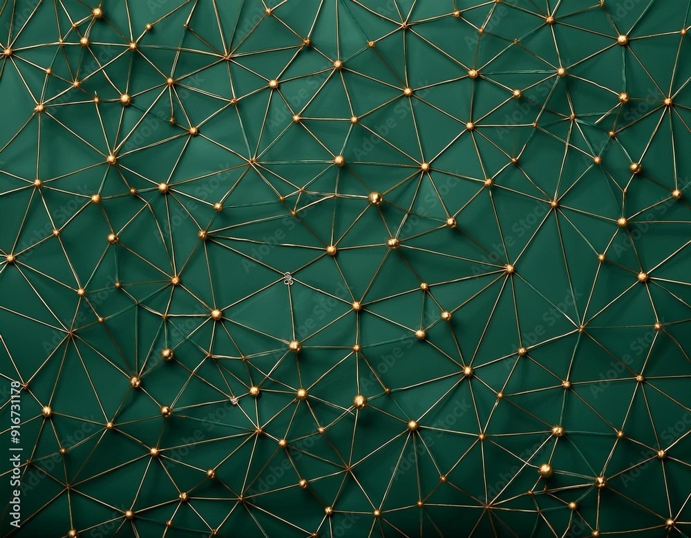 Abstract deep green 3d background with polygonal pattern, little golden dots, dark outline golden