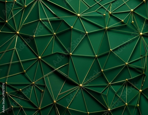 Abstract deep green 3d background with polygonal pattern, little golden dots, dark outline golden