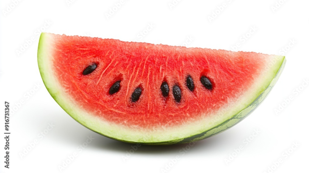 A watermelon slice, isolated on white, captured with full depth of field, highlighting the vibrant red flesh and black seeds. A watermelon slice, isolated on white, captured with full depth of field, highlighting the vibrant red flesh and black seeds.